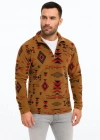 Erkek Yarım Fermuarlı Desenli Polar weat Tribal Etnik Desen Yakalı, Uzun Kollu, Oversize Rahat Kalıp,  Kahverengi