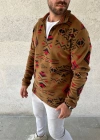 Erkek Yarım Fermuarlı Desenli Polar weat Tribal Etnik Desen Yakalı, Uzun Kollu, Oversize Rahat Kalıp,  Kahverengi