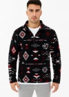 Erkek Yarım Fermuarlı Desenli Polar weat Tribal Etnik Desen Yakalı, Uzun Kollu, Oversize Rahat Kalıp,  iyah