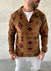 Erkek Yarım Fermuarlı Desenli Polar weat Tribal Etnik Desen Yakalı, Uzun Kollu, Oversize Rahat Kalıp,  Kahverengi