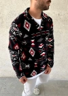 Erkek Yarım Fermuarlı Desenli Polar weat Tribal Etnik Desen Yakalı, Uzun Kollu, Oversize Rahat Kalıp,  iyah