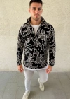 Erkek Yarım Fermuarlı Desenli Polar Sweat Yakalı, Uzun Kollu, Oversize Rahat Kalıp  Siyah