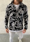 Erkek Yarım Fermuarlı Desenli Polar Sweat Yakalı, Uzun Kollu, Oversize Rahat Kalıp  Siyah