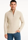 Erkek Yarım Fermuarlı Triko Kazak – Selanik Örgü, Dik Yaka, Pamuklu Dokuma, Regular Fit Uzun Kollu Kışlık Model  Bej