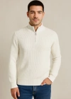 Erkek Yarım Fermuarlı Triko Kazak – Selanik Örgü, Dik Yaka, Pamuklu Dokuma, Regular Fit Uzun Kollu Kışlık odel  Beyaz