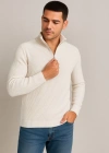 Erkek Yarım Fermuarlı Triko Kazak – Selanik Örgü, Dik Yaka, Pamuklu Dokuma, Regular Fit Uzun Kollu Kışlık odel  Beyaz