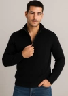 Erkek Yarım Fermuarlı Triko Kazak – elanik Örgü, Dik Yaka, Pamuklu Dokuma, Regular Fit Uzun Kollu Kışlık odel  iyah