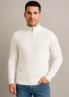 Erkek Yarım Fermuarlı Triko Kazak – Selanik Örgü, Dik Yaka, Pamuklu Dokuma, Regular Fit Uzun Kollu Kışlık odel  Beyaz