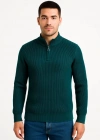 Erkek Yarım Fermuarlı Triko Kazak – Selanik Örgü, Dik Yaka, Pamuklu Dokuma, Regular Fit Uzun Kollu Kışlık Model  Haki