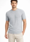 Erkek Yazlık Fitilli Triko Tişört Kısa Kol Bisiklet Yaka Thirt  Gri