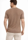 Erkek Yazlık Fitilli Triko Tişört Kısa Kol Bisiklet Yaka Thirt  Kahverengi