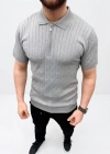 Erkek Yazlık Triko aç Örgü Tişört Kısa Kol Polo Yaka Fermuarlı Thirt  Gri