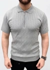 Erkek Yazlık Triko aç Örgü Tişört Kısa Kol Polo Yaka Fermuarlı Thirt  Gri