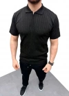 Erkek Yazlık Triko aç Örgü Tişört Kısa Kol Polo Yaka Fermuarlı Thirt  iyah