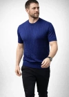 Erkek Yazlık Triko Dokuma Tişört Kısa Kol Bisiklet Yaka Örgü Desenli Thirt  acivert