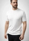 Erkek Yazlık Triko Dokuma Tişört Kısa Kol Bisiklet Yaka Örgü Desenli Thirt  Beyaz