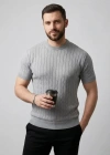 Erkek Yazlık Triko Dokuma Tişört Kısa Kol Bisiklet Yaka Örgü Desenli Thirt  Gri