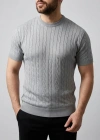 Erkek Yazlık Triko Dokuma Tişört Kısa Kol Bisiklet Yaka Örgü Desenli Thirt  Gri