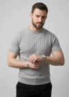 Erkek Yazlık Triko Dokuma Tişört Kısa Kol Bisiklet Yaka Örgü Desenli Thirt  Gri