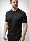 Erkek Yazlık Triko Dokuma Tişört Kısa Kol Bisiklet Yaka Örgü Desenli Thirt  iyah