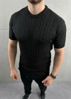 Erkek Yazlık Triko Dokuma Tişört Kısa Kol Bisiklet Yaka Örgü Desenli Thirt  iyah
