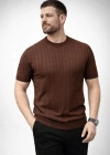 Erkek Yazlık Triko Dokuma Tişört Kısa Kol Bisiklet Yaka Örgü Desenli Thirt  Kahverengi
