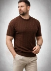 Erkek Yazlık Triko Dokuma Tişört Kısa Kol Bisiklet Yaka Örgü Desenli Thirt  Kahverengi