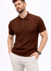 Erkek Yazlık Triko Tişört Kısa Kol Polo Yaka Düğmeli Thirt  Kahverengi