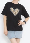 evgililer Günü İçin Özel Tasarım eopar Kalp Baskılı Tshirt  iyah