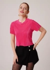 Fitilli Kısa Kollu Parlak Fuşya Bluz