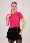 Fitilli Kısa Kollu Parlak Fuşya Bluz