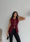 GOLD DÜĞE DETAYLI YELEK  Bordo