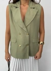 GOLD DÜĞELİ KETEN YELEK  Yeşil