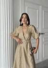 Gold Işıltılı Kemerli Kruvaze Elbise