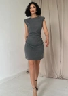 Gri Yanı Büzgülü ıfır Kol Elbise