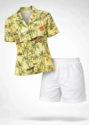 Gün Batımı Tropikal Desenli Kısa Kol Gömlek Şort Takım Yazlık Rahat Kalıp  Desenli