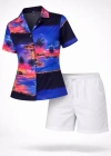 Gün Batımı Tropikal Desenli Kısa Kol Gömlek Şort Takım Yazlık Rahat Kalıp  Desenli