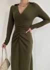Haki Büzgülü Triko Balık Elbise