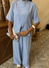 Hakim Yaka Çapraz Düğmeli Plazzo Pantolon Viscon Keten Takım 10091