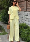Hakim Yaka Çapraz Düğmeli Plazzo Pantolon Viscon Keten Takım 10209