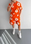 İki İplik Kumaş Baskılı Tshirt Şortlu Takım Turuncu