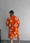 İki İplik Kumaş Baskılı Tshirt Şortlu Takım Turuncu