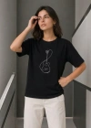 inimal Gitar Baskılı Tişört Thirt Yazlık Kısa Kol Bisiklet Yaka Thirt  iyah