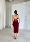 İp Askılı ırt Dekolteli Bağlama Detaylı Yırtmaçlı idi Elbise  Bordo