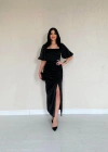 Siyah Büzgülü Saten Elbise