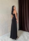Siyah Büzgülü Uzun Güllü Elbise