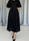 Siyah Kemerli Balon Kollu Elbise