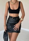 Siyah Kemerli Mini Deri Etek
