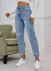 Kadın Açık Mavi Yırtık Mom Fit Kot Pantolon
