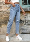 Kadın Açık Mavi Yırtık Mom Fit Kot Pantolon